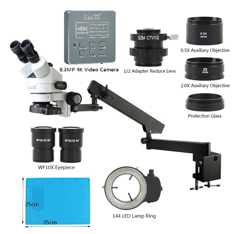 Trinocular Stereo Microscope 7X-45X - Simul Focal Zoom 3.5X-90X braccio articolato