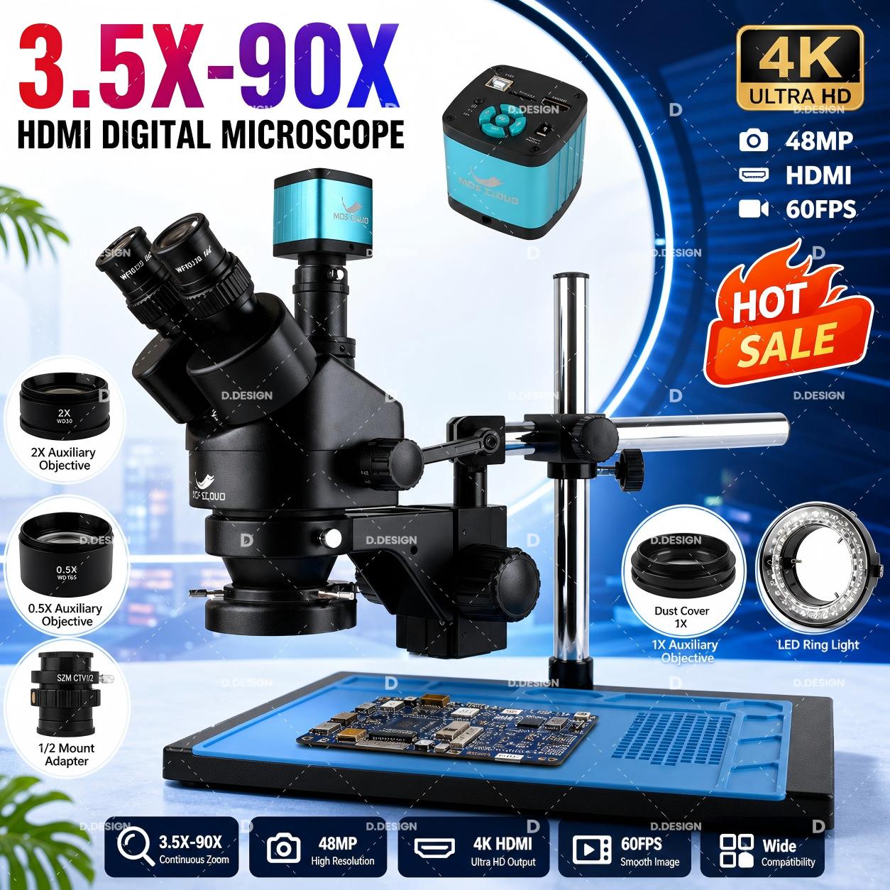 Simul-Focal Industrial Microscope 4K Hdmi - Microscopio Trinoculare Industriale da Laboratorio 3.5X-100X
