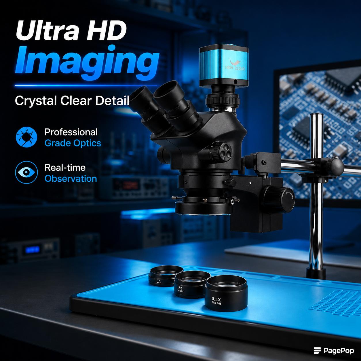 Simul-Focal Industrial Microscope 4K Hdmi - Microscopio Trinoculare Industriale da Laboratorio con